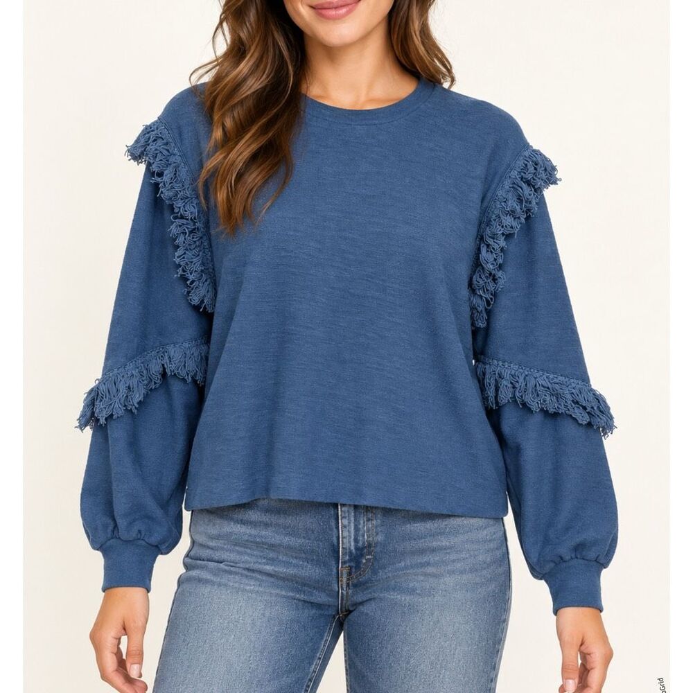 Saylor Blue Fringe Trim Terry Sweatshirt Pullover Medium Women